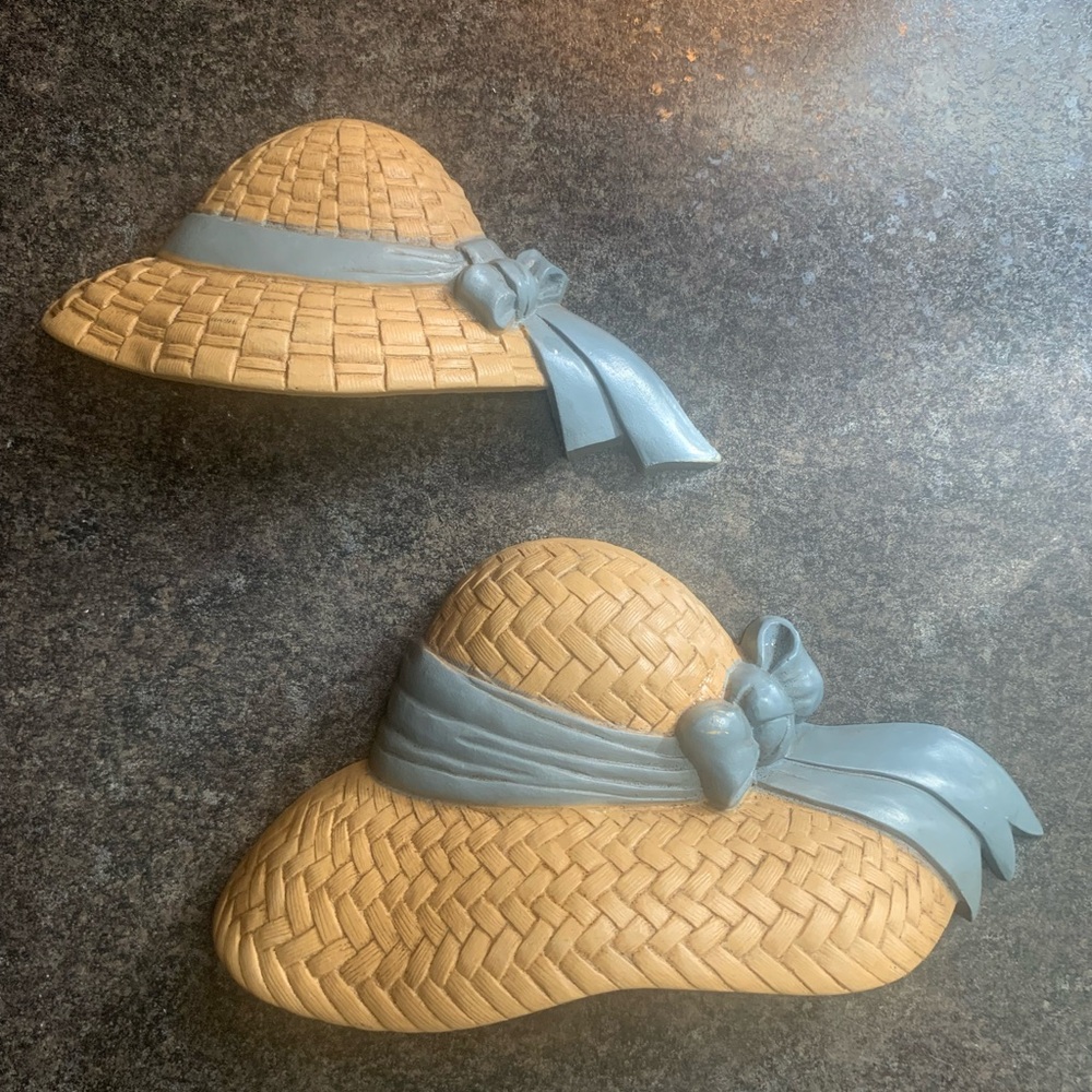 Vintage Charming Straw Hat Wall Decor with Blue Accents